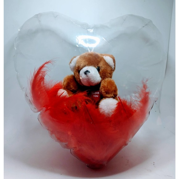 Vintage Valentine's Day Stuffed Balloon Bear Sequin Heart Pillow Red Feathers - Picture 1 of 7